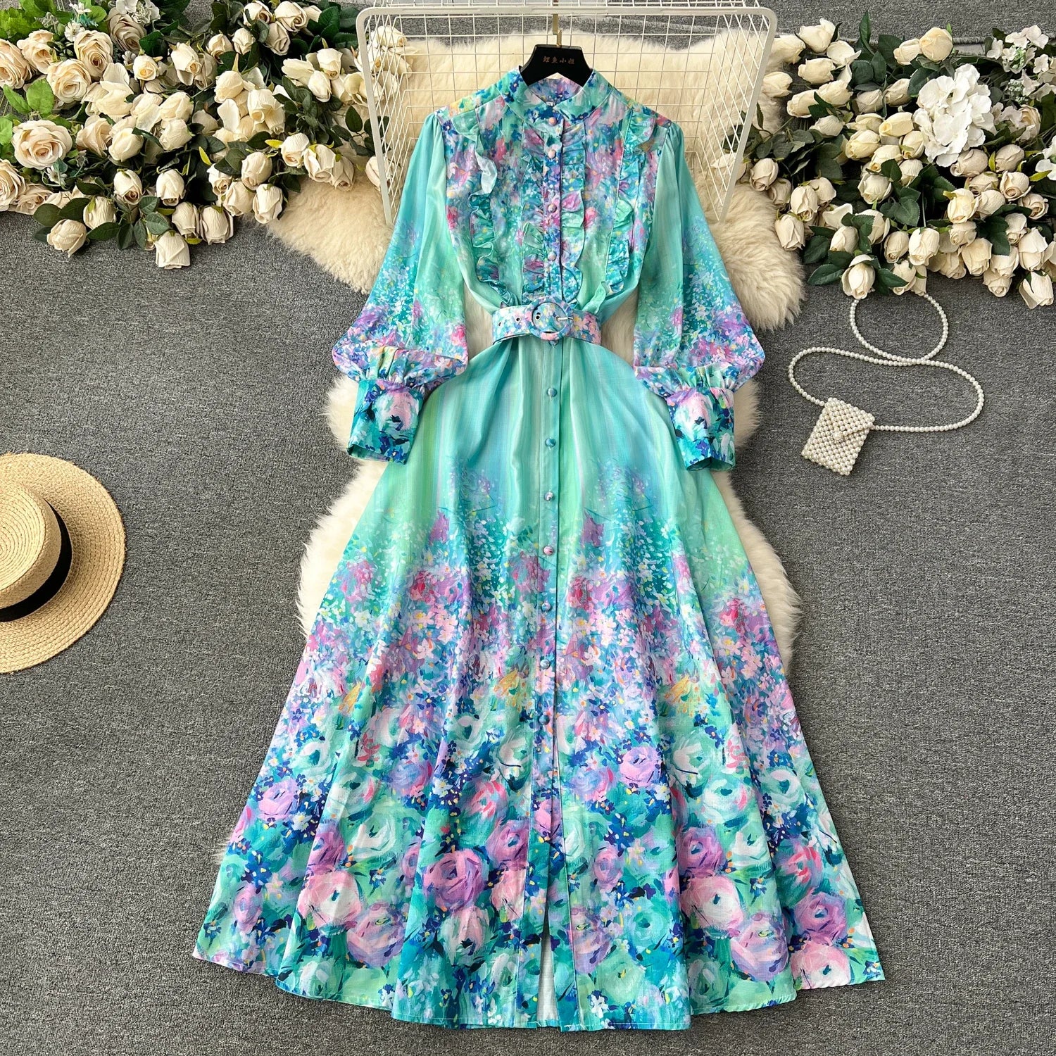 Retro Chiffon Dress – Elegant Print, Stand Collar, Long Sleeve - Inarah Trade Ltd