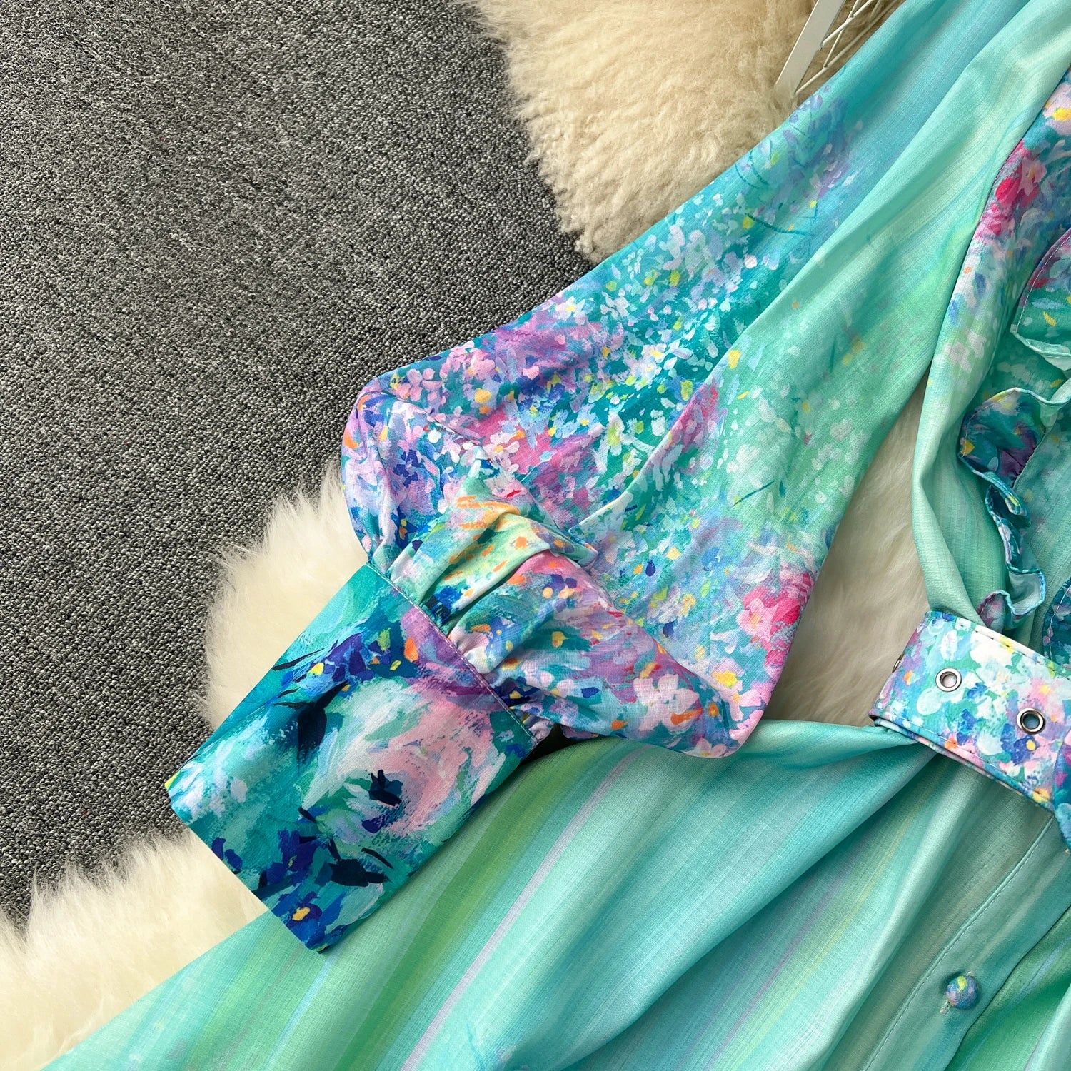 Retro Chiffon Dress – Elegant Print, Stand Collar, Long Sleeve - Inarah Trade Ltd