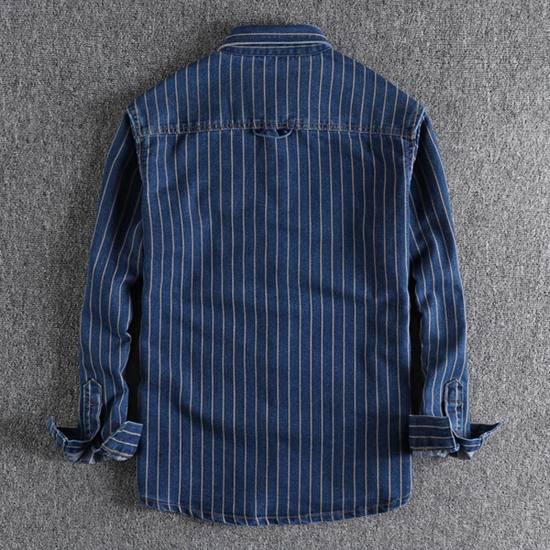 Men’s Retro European Yarn-Dyed Striped Denim Shirt – Khaki Casual - Inarah Trade Ltd