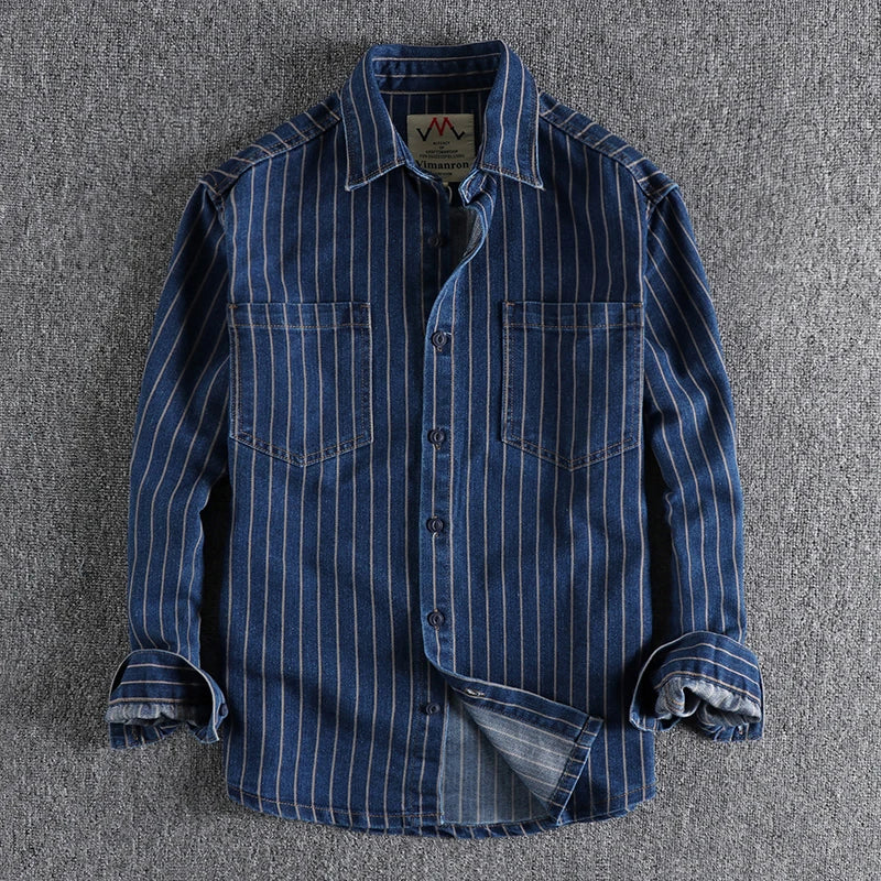 Men’s Retro European Yarn-Dyed Striped Denim Shirt – Khaki Casual - Inarah Trade Ltd