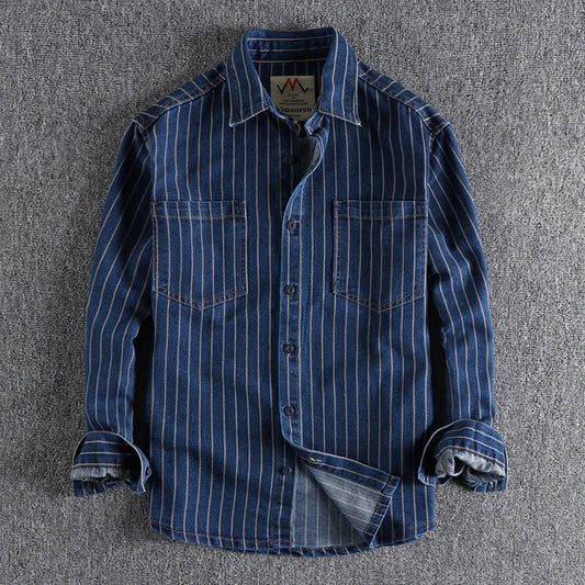 Men’s Retro European Yarn-Dyed Striped Denim Shirt – Khaki Casual - Inarah Trade Ltd