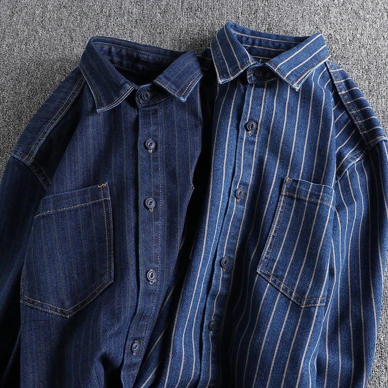 Men’s Retro European Yarn-Dyed Striped Denim Shirt – Khaki Casual - Inarah Trade Ltd