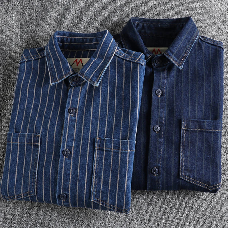 Men’s Retro European Yarn-Dyed Striped Denim Shirt – Khaki Casual - Inarah Trade Ltd