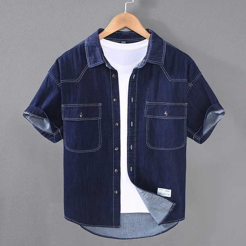 Men’s Summer Short Sleeve Denim Work Shirt – Retro Casual Style - Inarah Trade Ltd