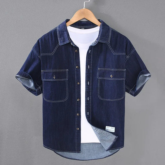 Men’s Summer Short Sleeve Denim Work Shirt – Retro Casual Style - Inarah Trade Ltd