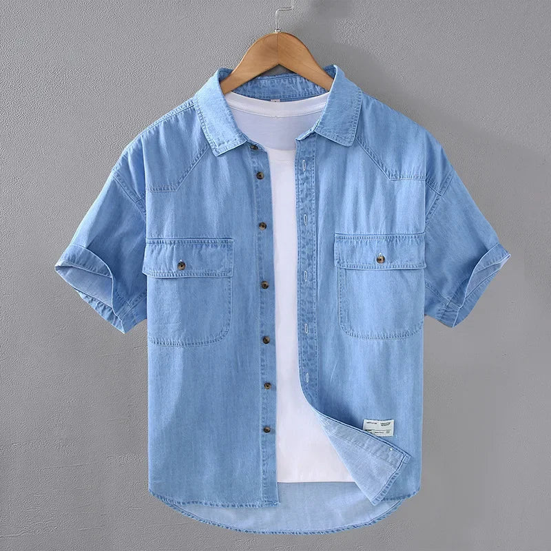 Men’s Summer Short Sleeve Denim Work Shirt – Retro Casual Style - Inarah Trade Ltd