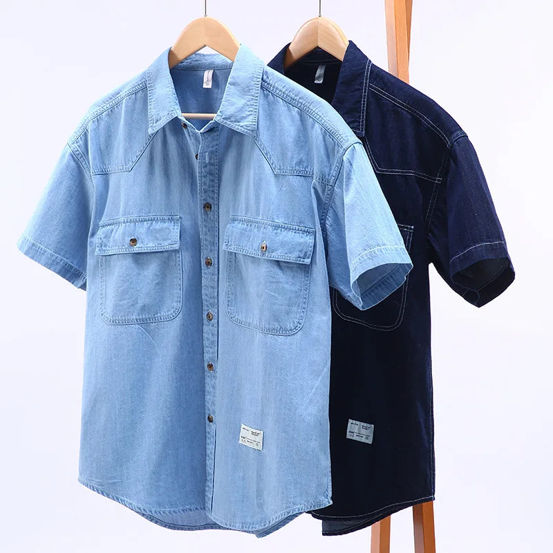 Men’s Summer Short Sleeve Denim Work Shirt – Retro Casual Style - Inarah Trade Ltd