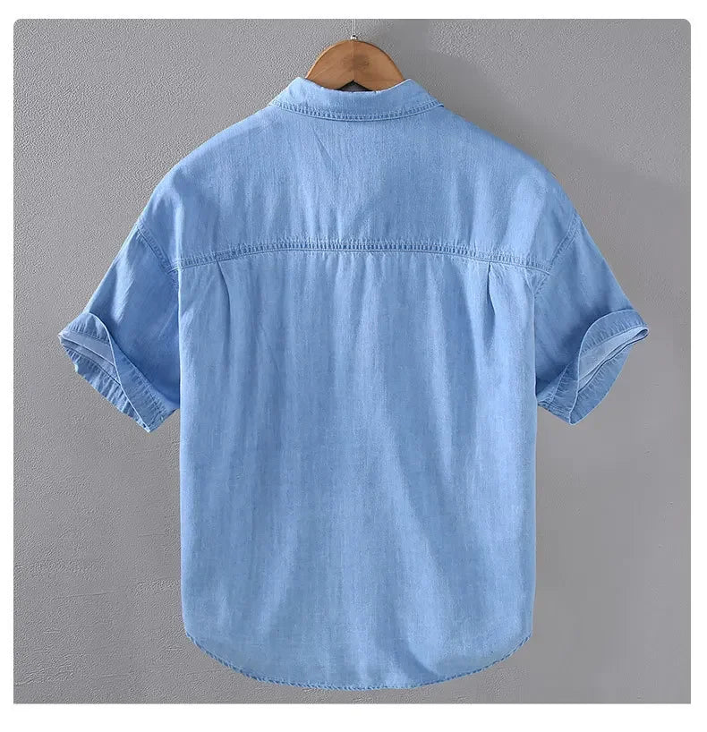 Men’s Summer Short Sleeve Denim Work Shirt – Retro Casual Style - Inarah Trade Ltd