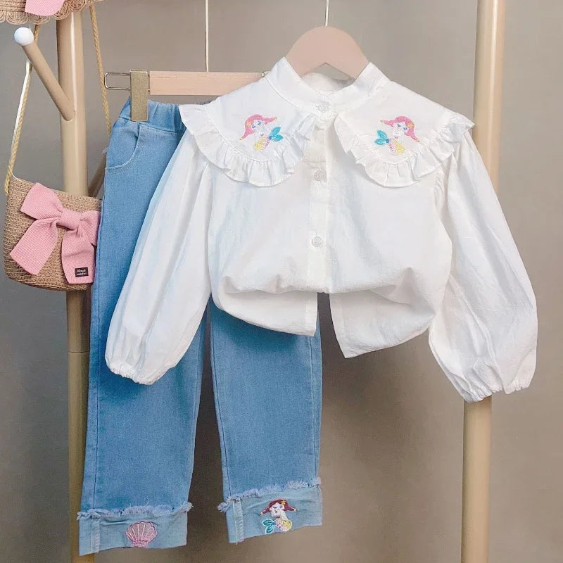 Girls 2-Piece Clothes Set – Long Sleeve Shirt & Jeans (Autumn/Spring) - Inarah Trade Ltd