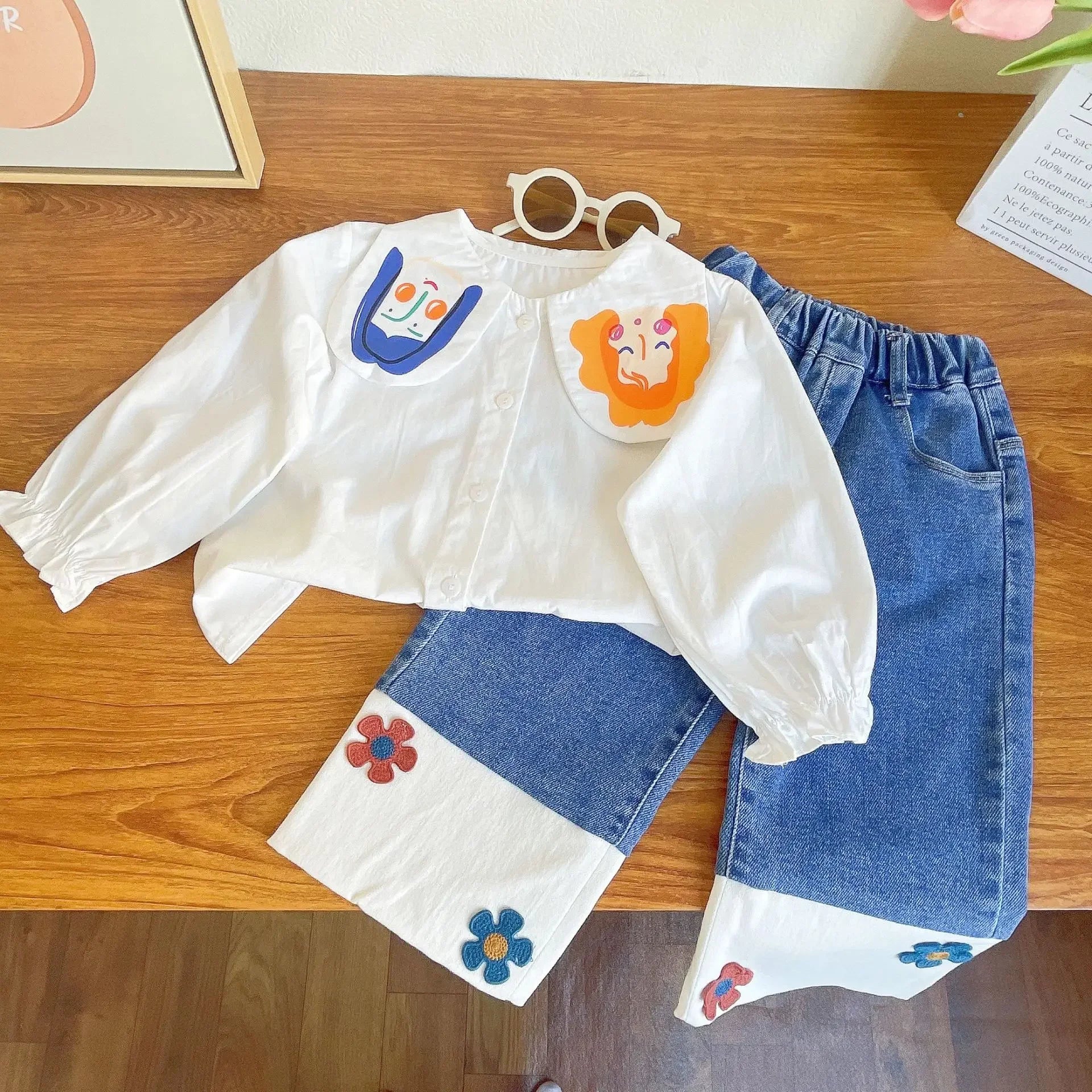 Girls 2-Piece Clothes Set – Long Sleeve Shirt & Jeans (Autumn/Spring) - Inarah Trade Ltd