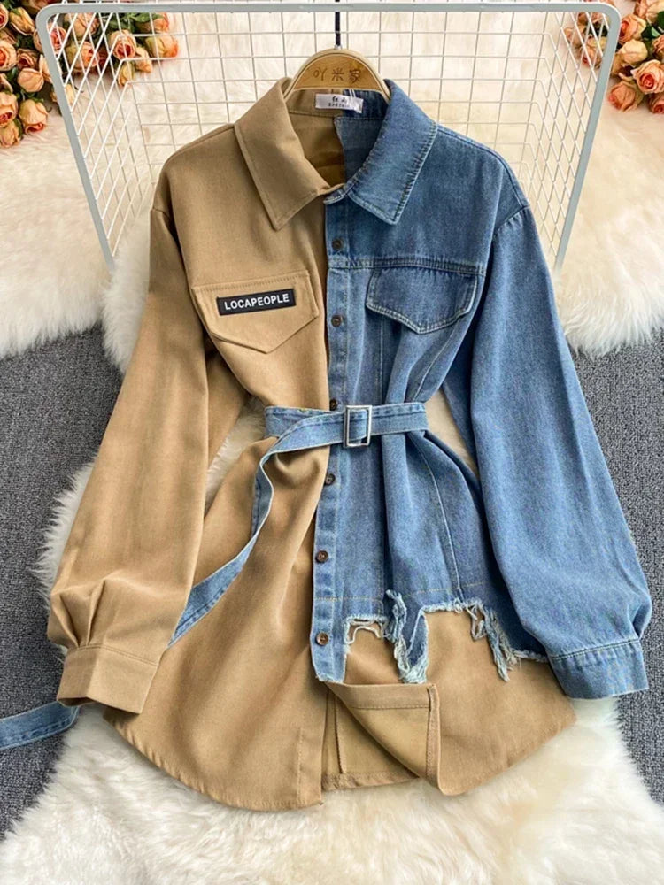 Women’s Patchwork Denim Blouse – Lace-Up Contrast Shirt for Spring/Autumn - Inarah Trade Ltd
