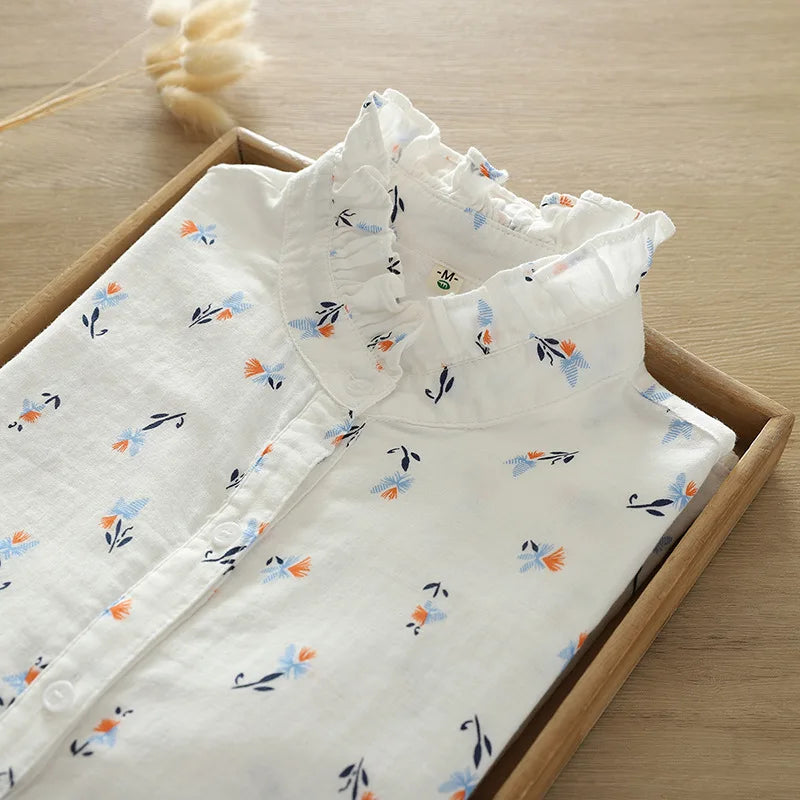 Women’s Ruffled Floral Cotton Shirt – Autumn Loose Fit - Inarah Trade Ltd