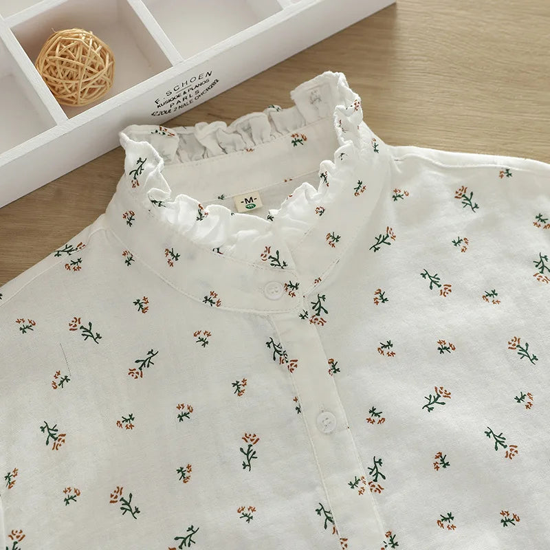Women’s Ruffled Floral Cotton Shirt – Autumn Loose Fit - Inarah Trade Ltd