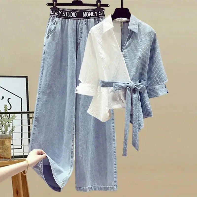 2025 Summer Korean Two-Piece Set – Lace-Up Top & Denim Jeans - Inarah Trade Ltd
