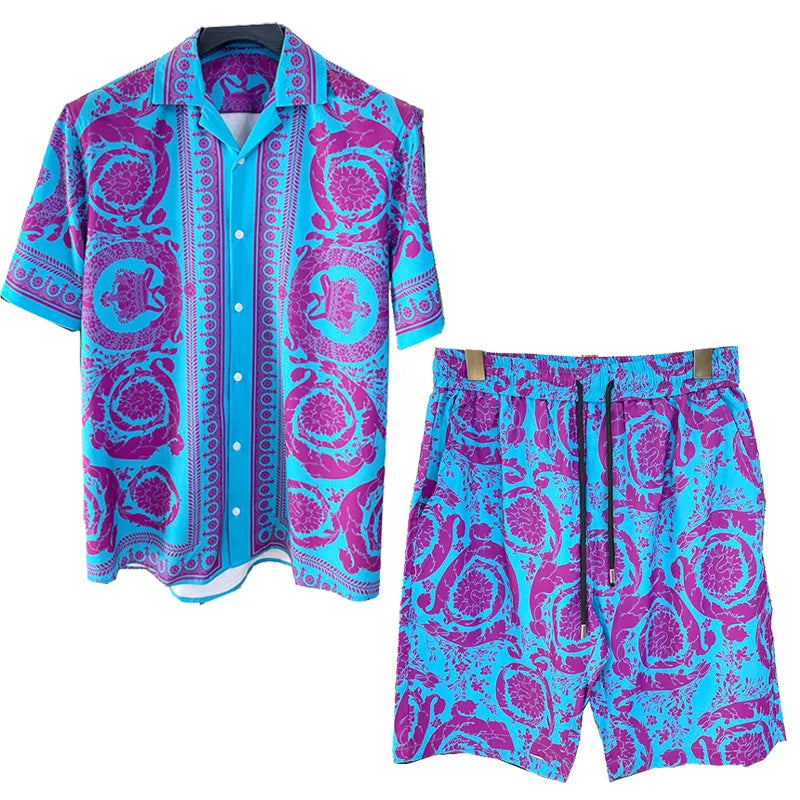 Men’s Vintage Hawaiian Set Summer Short Sleeve Shirt & Shorts 2-Piece - Inarah Trade Ltd