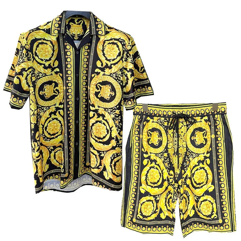 Men’s Vintage Hawaiian Set Summer Short Sleeve Shirt & Shorts 2-Piece - Inarah Trade Ltd