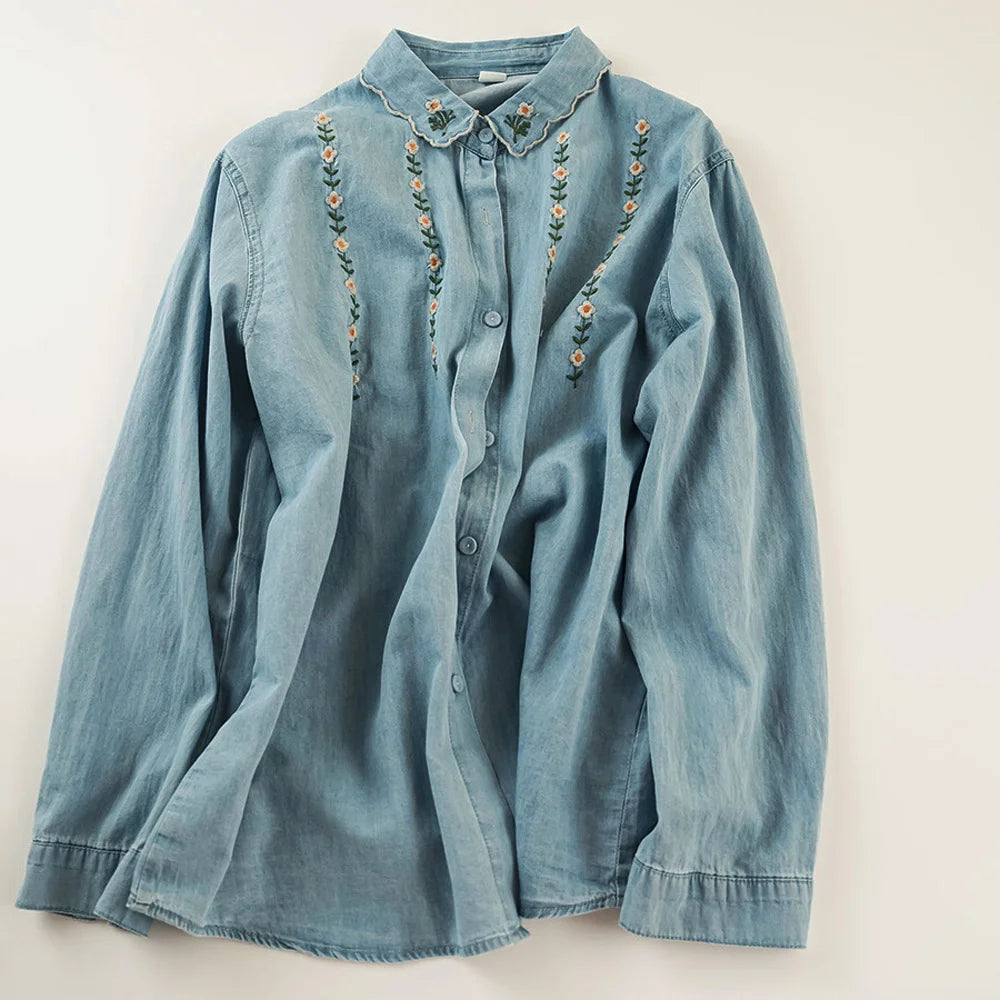 2025 Harajuku Embroidered Denim Blouse – Women’s Long Sleeve Shirt - Inarah Trade Ltd