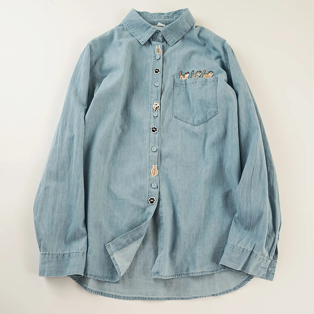 2025 Harajuku Embroidered Denim Blouse – Women’s Long Sleeve Shirt - Inarah Trade Ltd