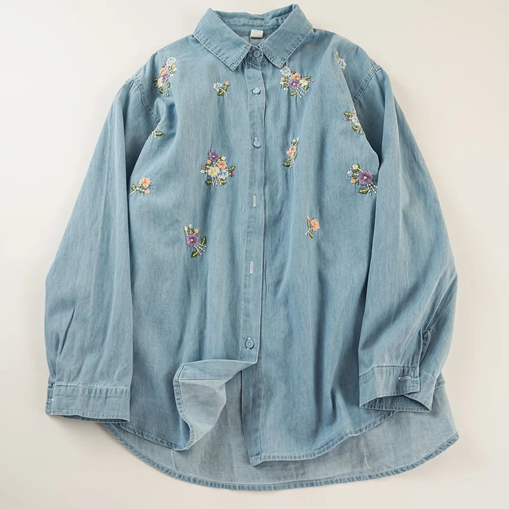 2025 Harajuku Embroidered Denim Blouse – Women’s Long Sleeve Shirt - Inarah Trade Ltd