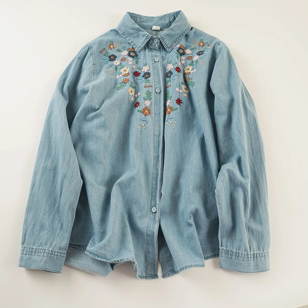 2025 Harajuku Embroidered Denim Blouse – Women’s Long Sleeve Shirt - Inarah Trade Ltd