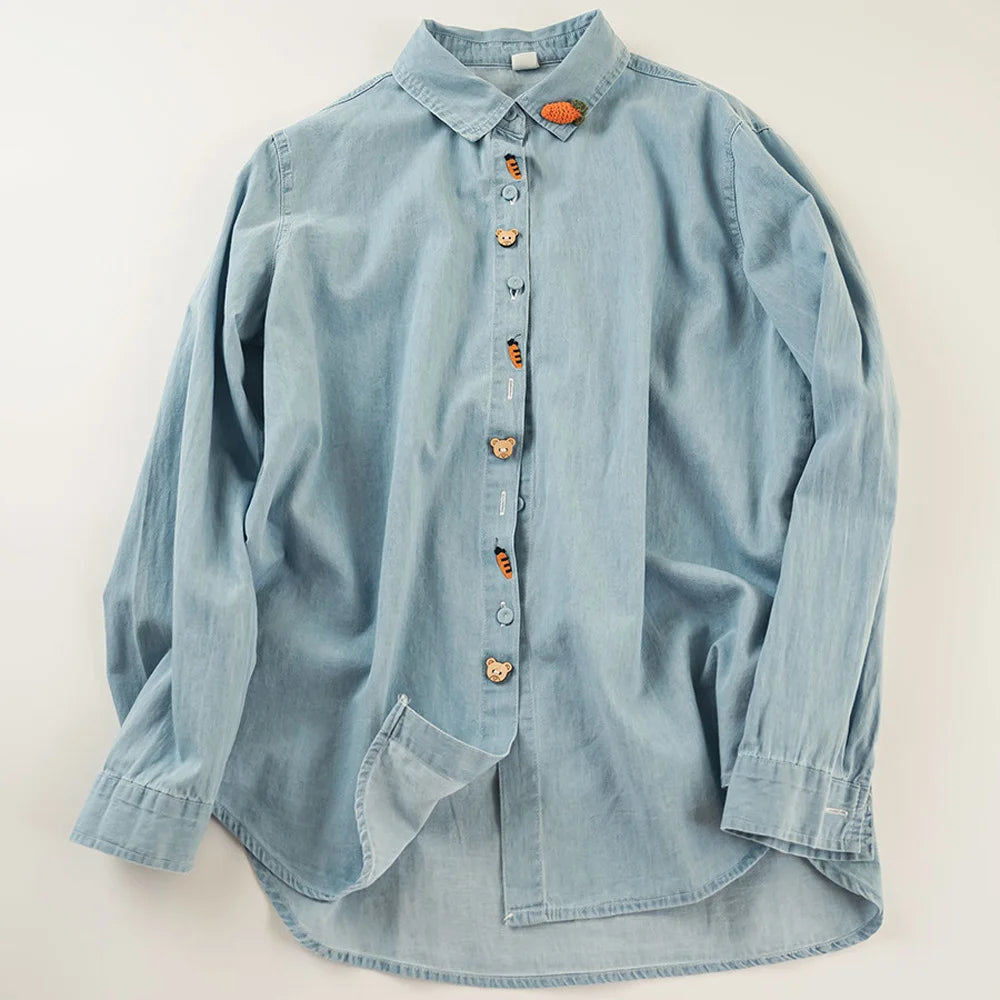 2025 Harajuku Embroidered Denim Blouse – Women’s Long Sleeve Shirt - Inarah Trade Ltd