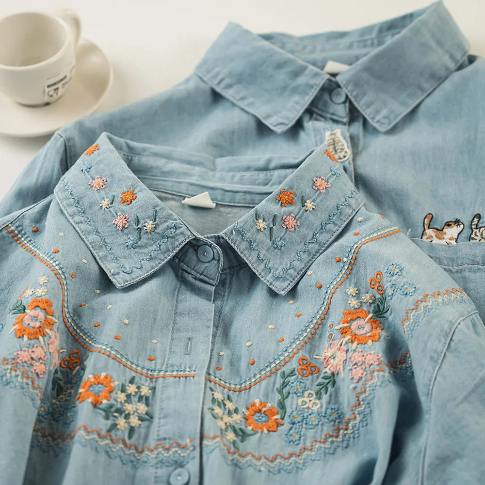 2025 Harajuku Embroidered Denim Blouse – Women’s Long Sleeve Shirt - Inarah Trade Ltd