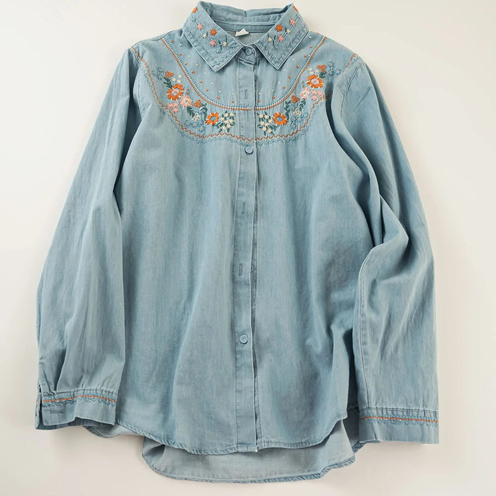 2025 Harajuku Embroidered Denim Blouse – Women’s Long Sleeve Shirt - Inarah Trade Ltd