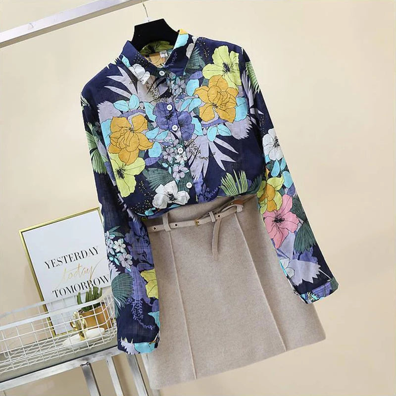 Spring Autumn Cotton Linen Floral Print Loose Shirt for Women - Inarah Trade Ltd