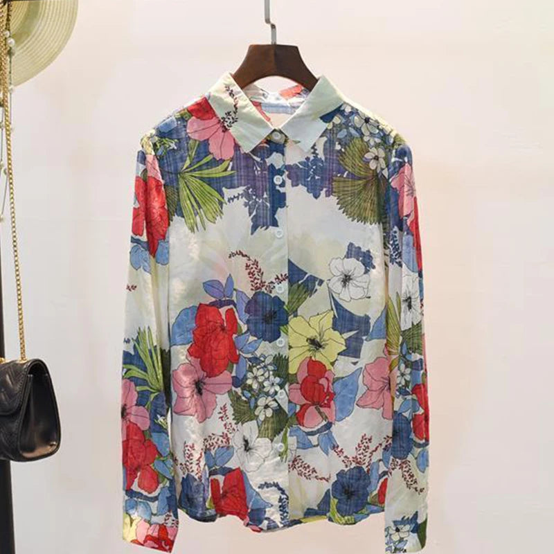 Spring Autumn Cotton Linen Floral Print Loose Shirt for Women - Inarah Trade Ltd
