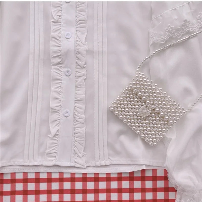 Elegant White Lolita – Preppy Peter Pan Collar & Lace Ruffle Shirt - Inarah Trade Ltd