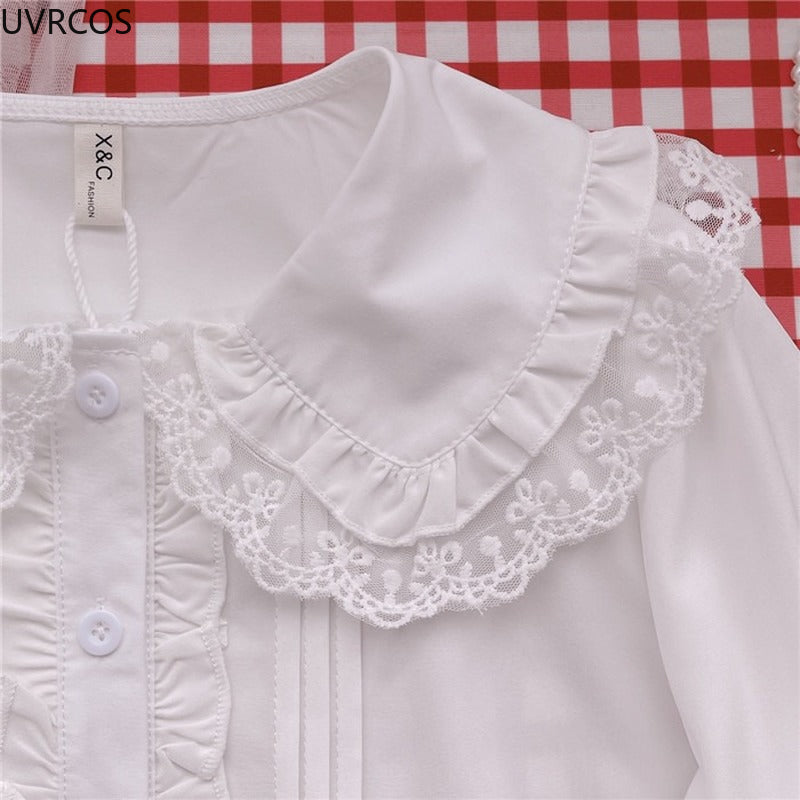 Elegant White Lolita – Preppy Peter Pan Collar & Lace Ruffle Shirt - Inarah Trade Ltd