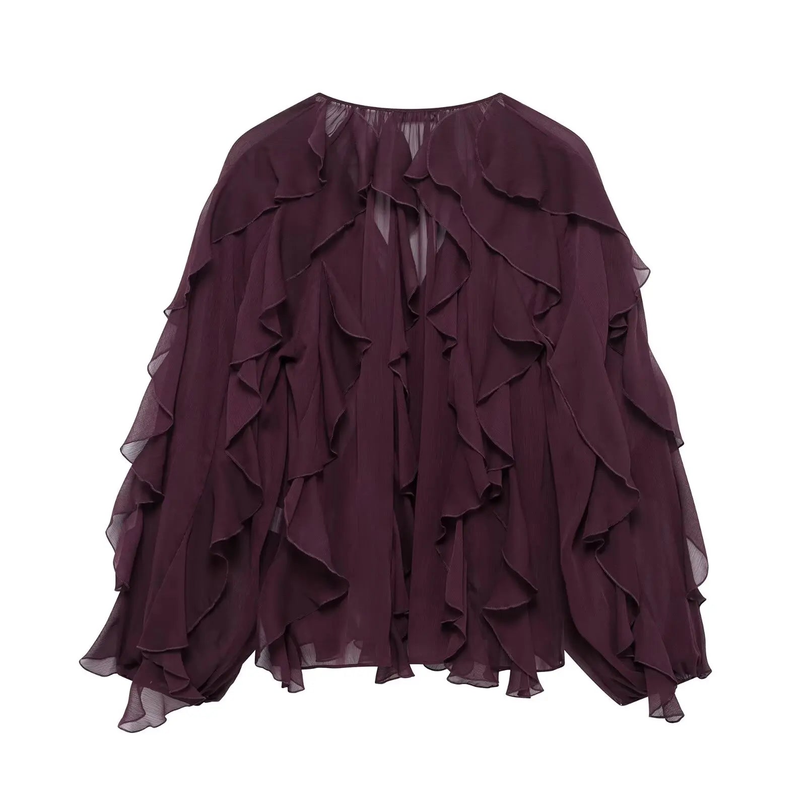 Oversized Ruffle Shirt – Wine Red Long Sleeve Blouse - Inarah Trade Ltd