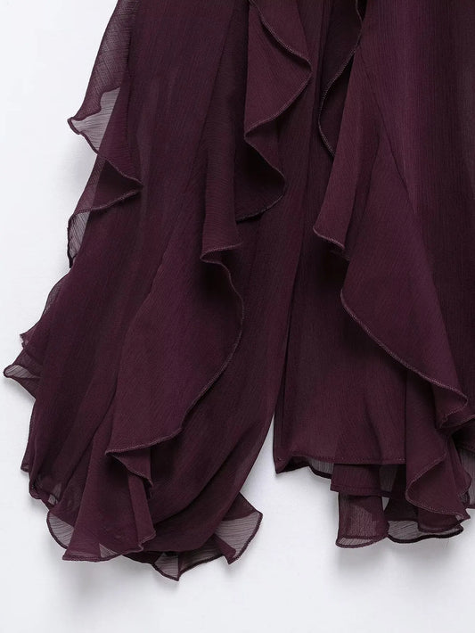 Oversized Ruffle Shirt – Wine Red Long Sleeve Blouse - Inarah Trade Ltd