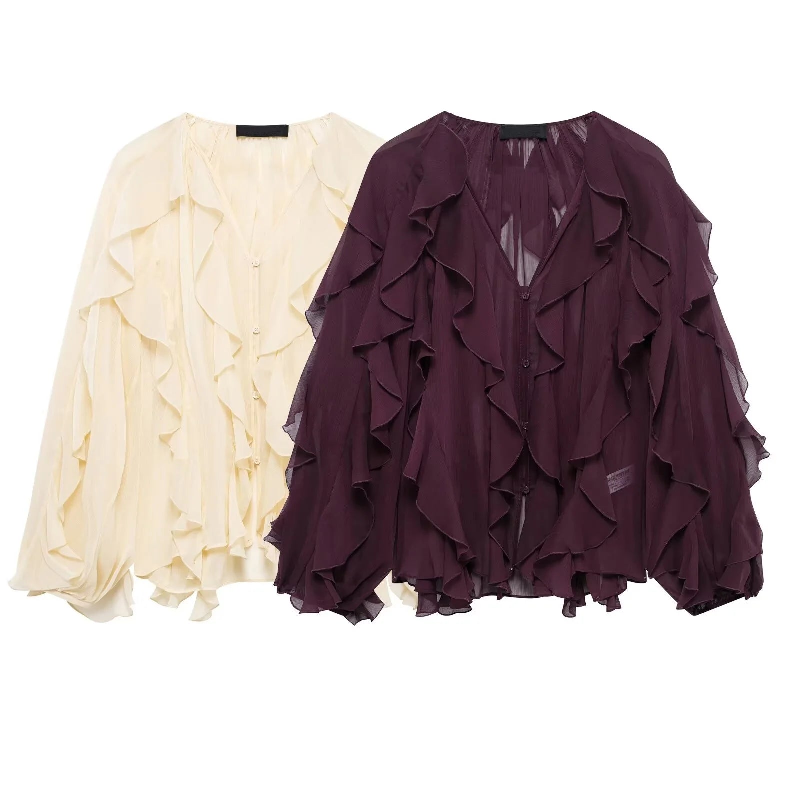 Oversized Ruffle Shirt – Wine Red Long Sleeve Blouse - Inarah Trade Ltd