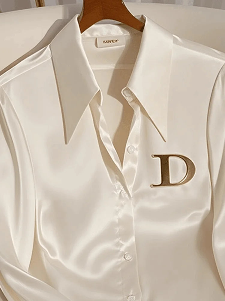 Elegant  White Satin Blouse – Women’s Long Sleeve Office Shirt - Inarah Trade Ltd