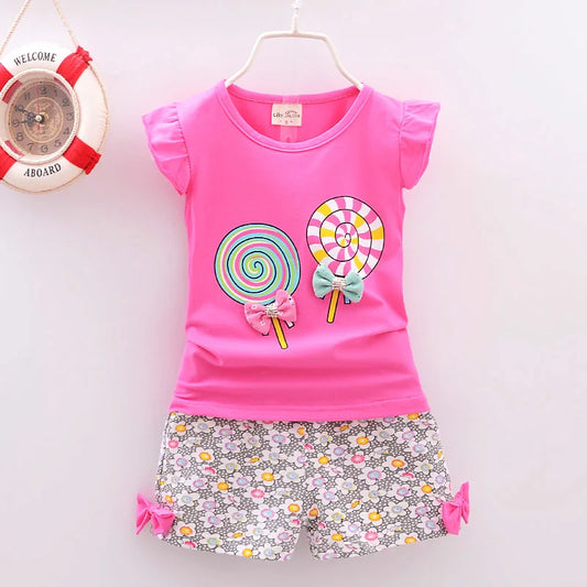 Baby Girl Summer Clothing Set – Lollipop Print T-Shirt & Shorts - Inarah Trade Ltd