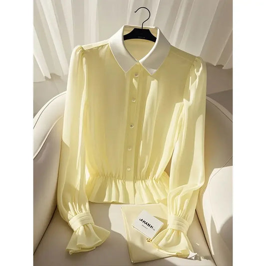 Vintage Pleated Blouse – Women’s Solid Color Long Sleeve Office Shirt - Inarah Trade Ltd