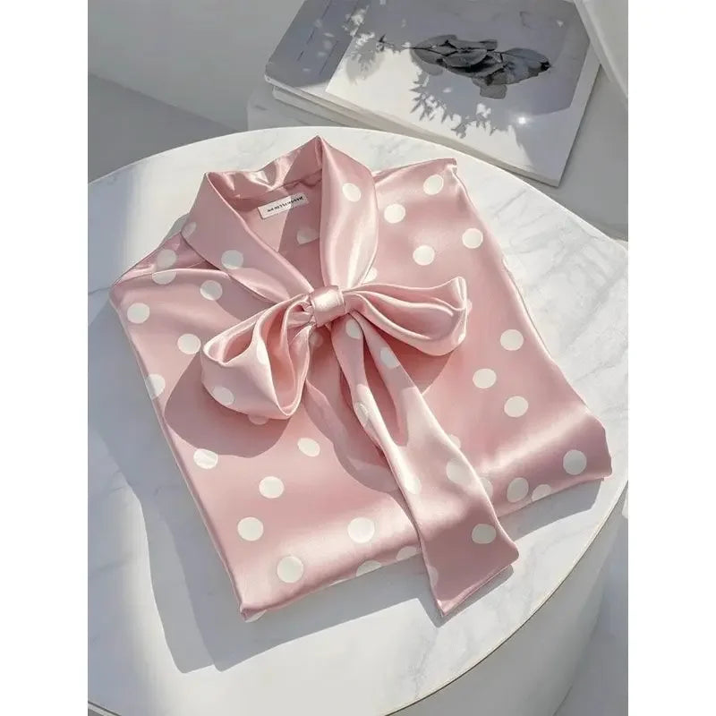 Elegant Satin Polka Dot Blouse – Lace-Up Bow Long Sleeve Top for Women - Inarah Trade Ltd