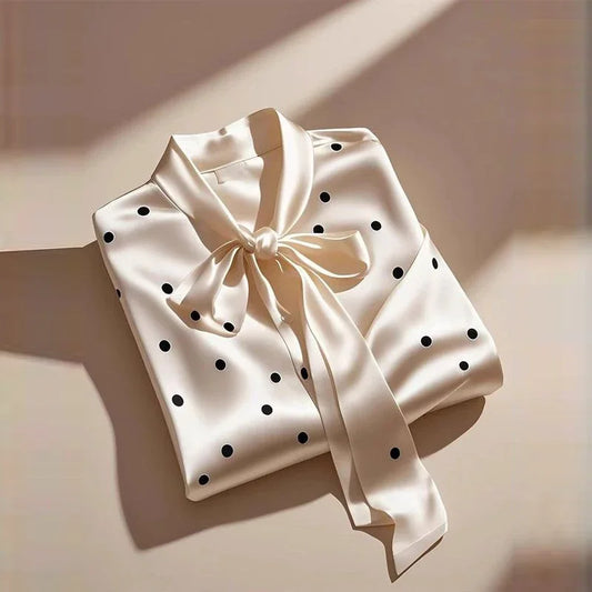 Elegant Satin Polka Dot Blouse – Lace-Up Bow Long Sleeve Top for Women - Inarah Trade Ltd