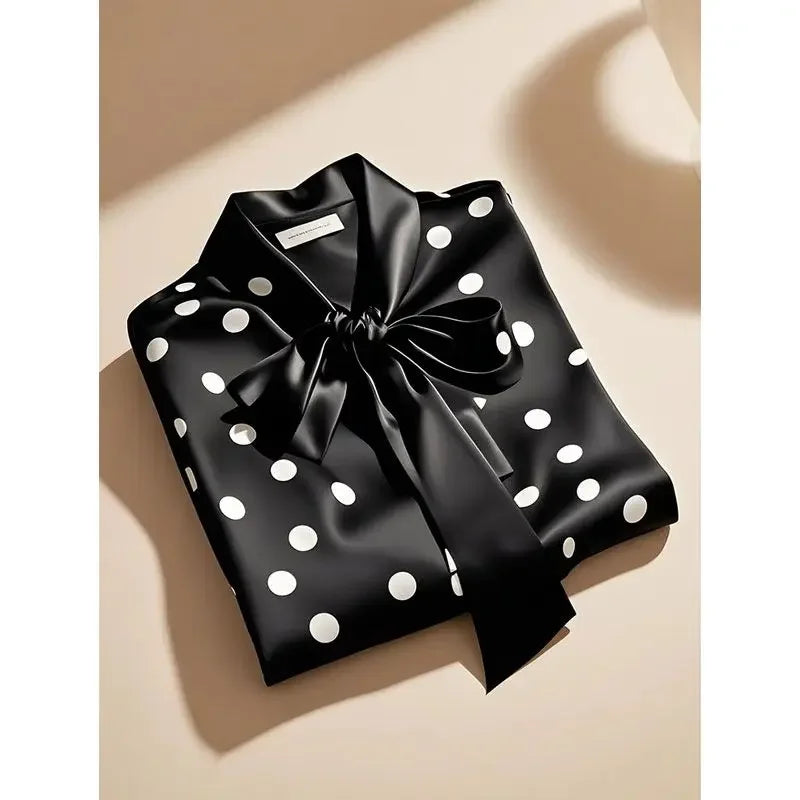 Elegant Satin Polka Dot Blouse – Lace-Up Bow Long Sleeve Top for Women - Inarah Trade Ltd