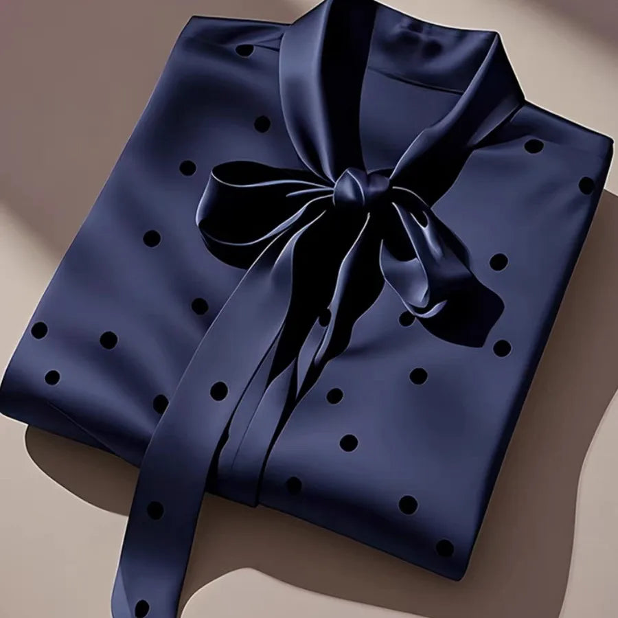 Elegant Satin Polka Dot Blouse – Lace-Up Bow Long Sleeve Top for Women - Inarah Trade Ltd
