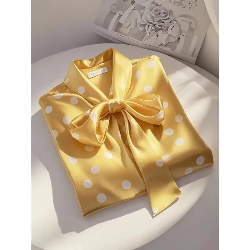 Elegant Satin Polka Dot Blouse – Lace-Up Bow Long Sleeve Top for Women - Inarah Trade Ltd