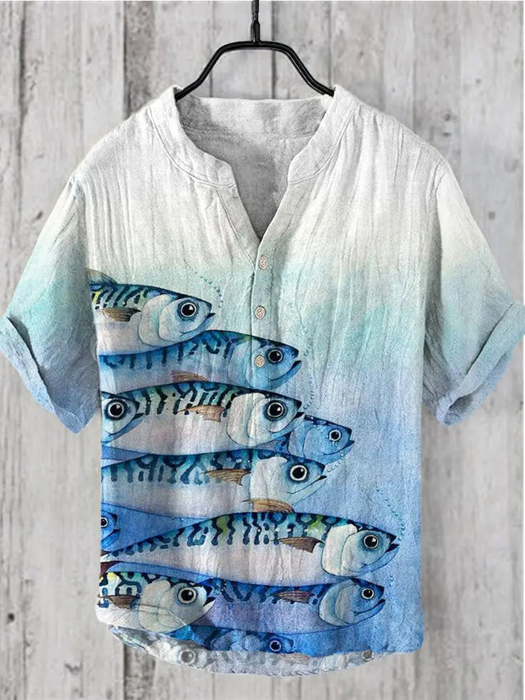 Men’s Retro Fish Print Linen Shirt – Casual Short Sleeve Button Top - Inarah Trade Ltd