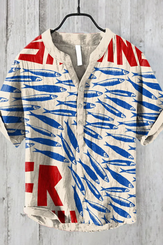 Men’s Retro Fish Print Linen Shirt – Casual Short Sleeve Button Top - Inarah Trade Ltd