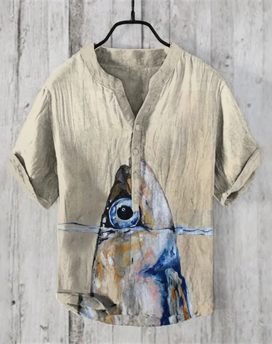 Men’s Retro Fish Print Linen Shirt – Casual Short Sleeve Button Top - Inarah Trade Ltd