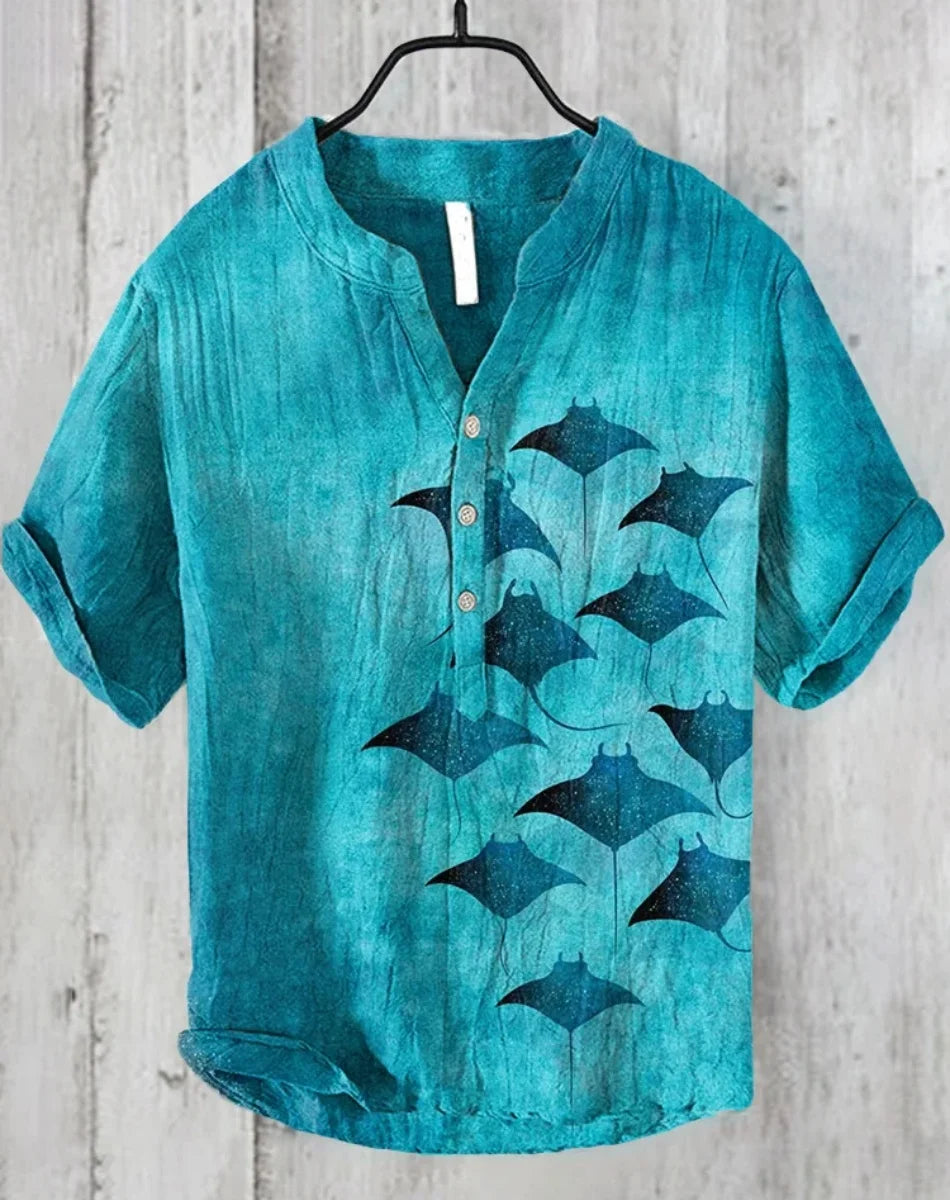Men’s Retro Fish Print Linen Shirt – Casual Short Sleeve Button Top - Inarah Trade Ltd
