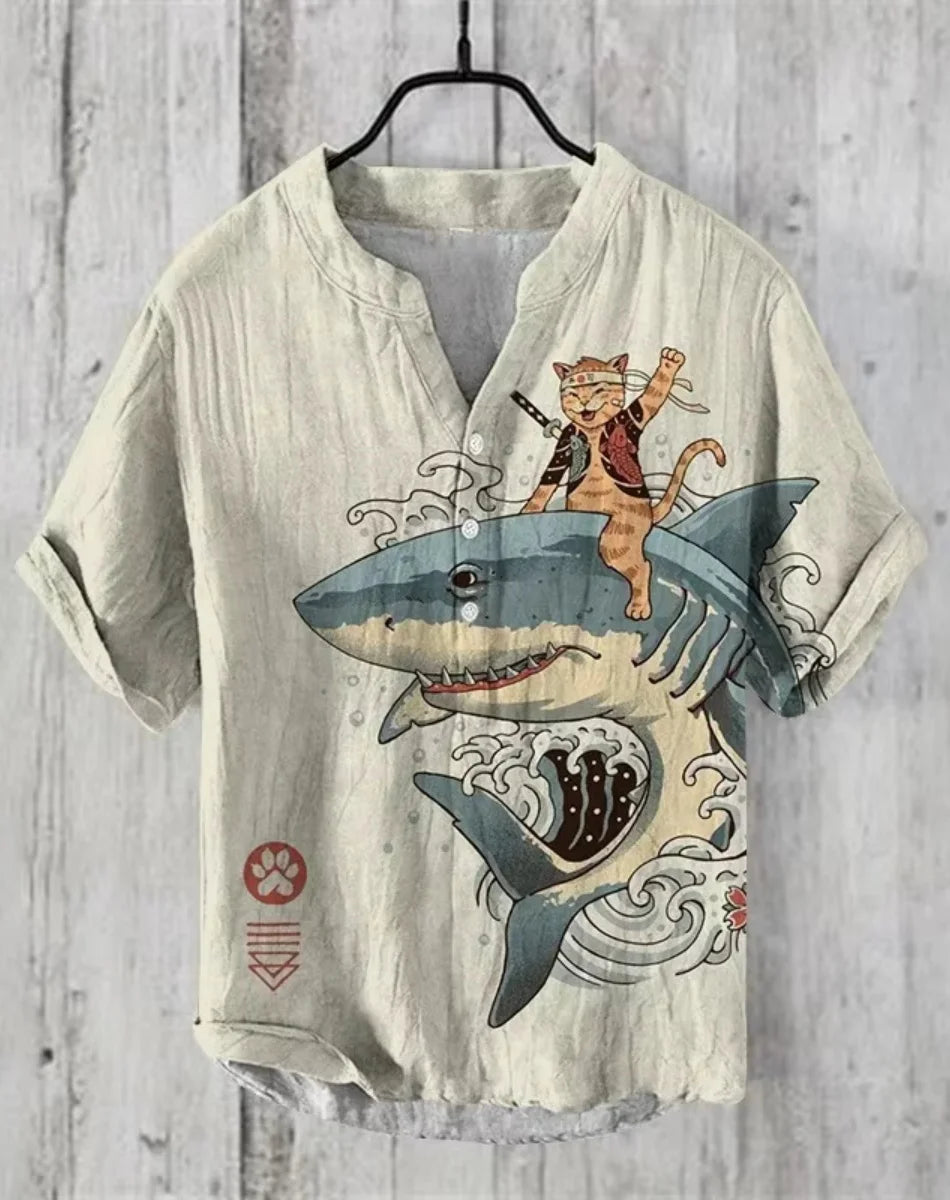 Men’s Retro Fish Print Linen Shirt – Casual Short Sleeve Button Top - Inarah Trade Ltd