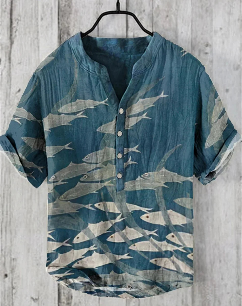 Men’s Retro Fish Print Linen Shirt – Casual Short Sleeve Button Top - Inarah Trade Ltd