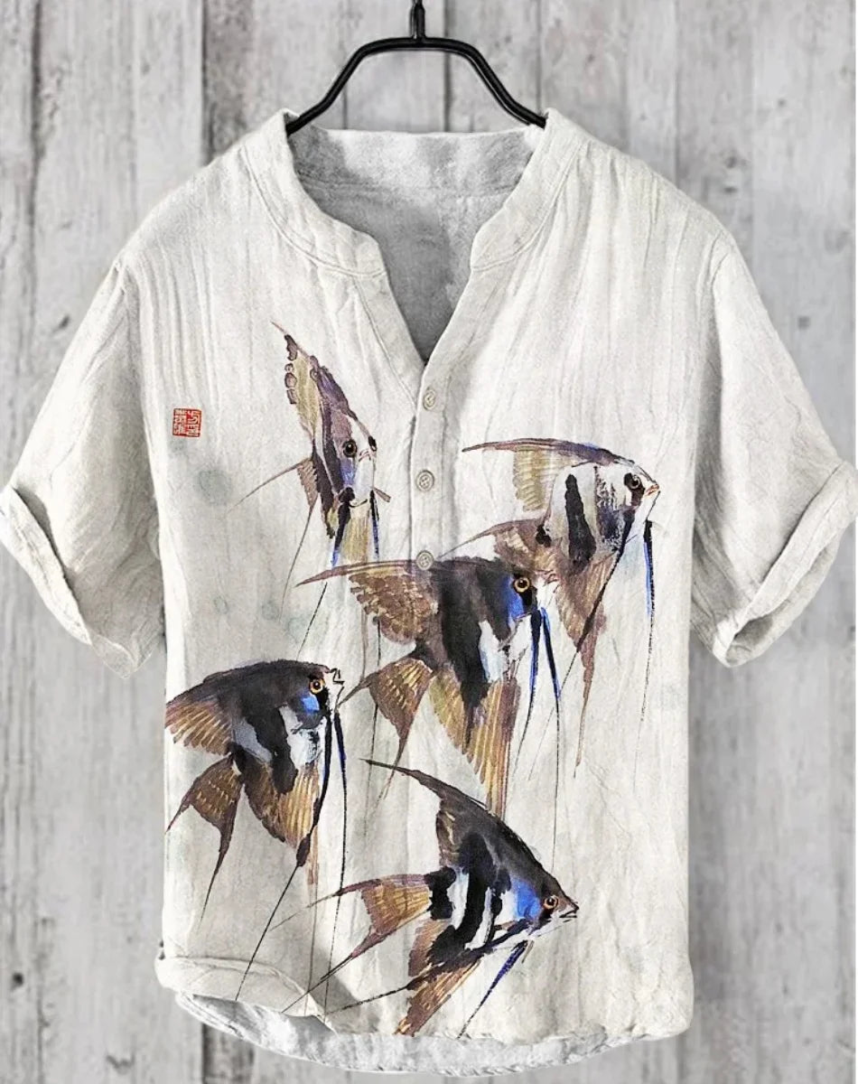 Men’s Retro Fish Print Linen Shirt – Casual Short Sleeve Button Top - Inarah Trade Ltd