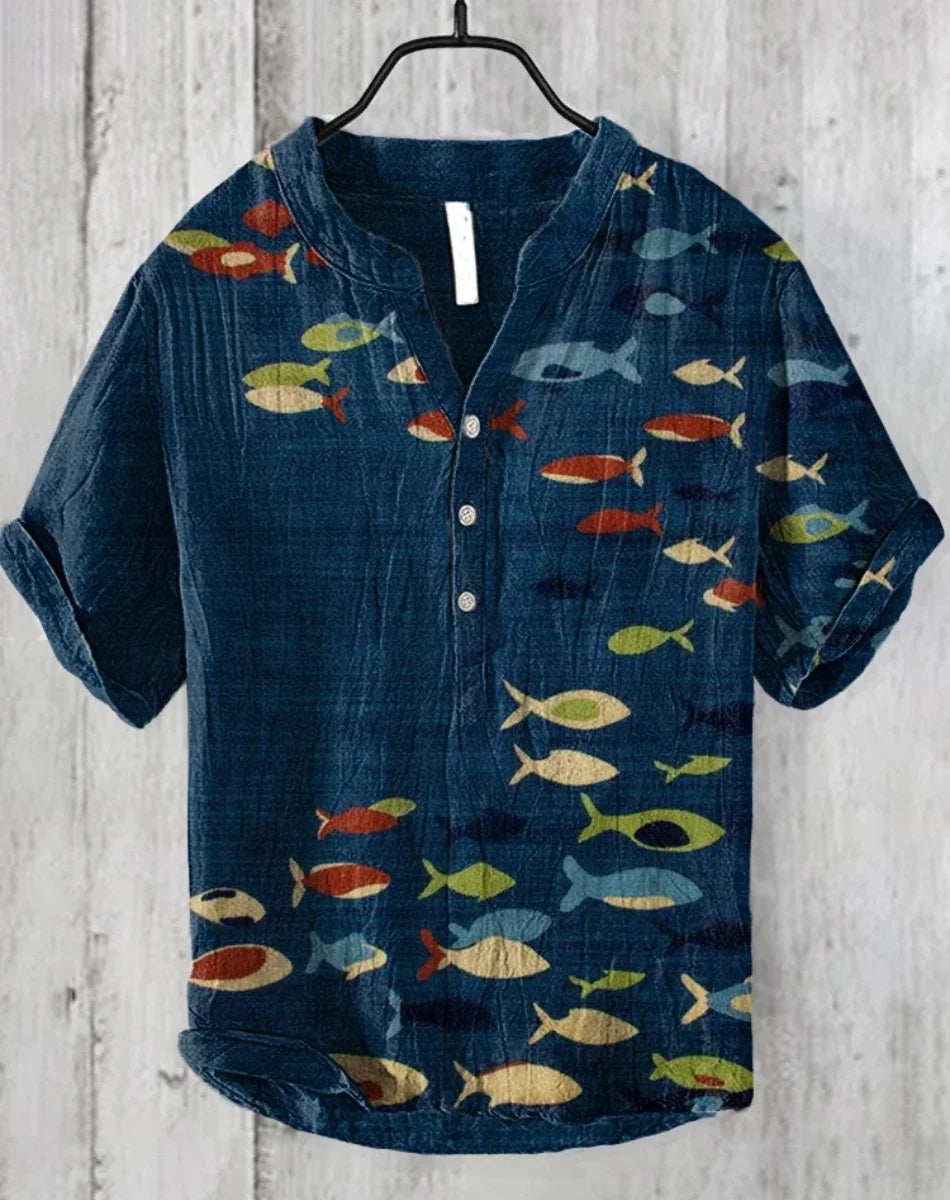 Men’s Retro Fish Print Linen Shirt – Casual Short Sleeve Button Top - Inarah Trade Ltd